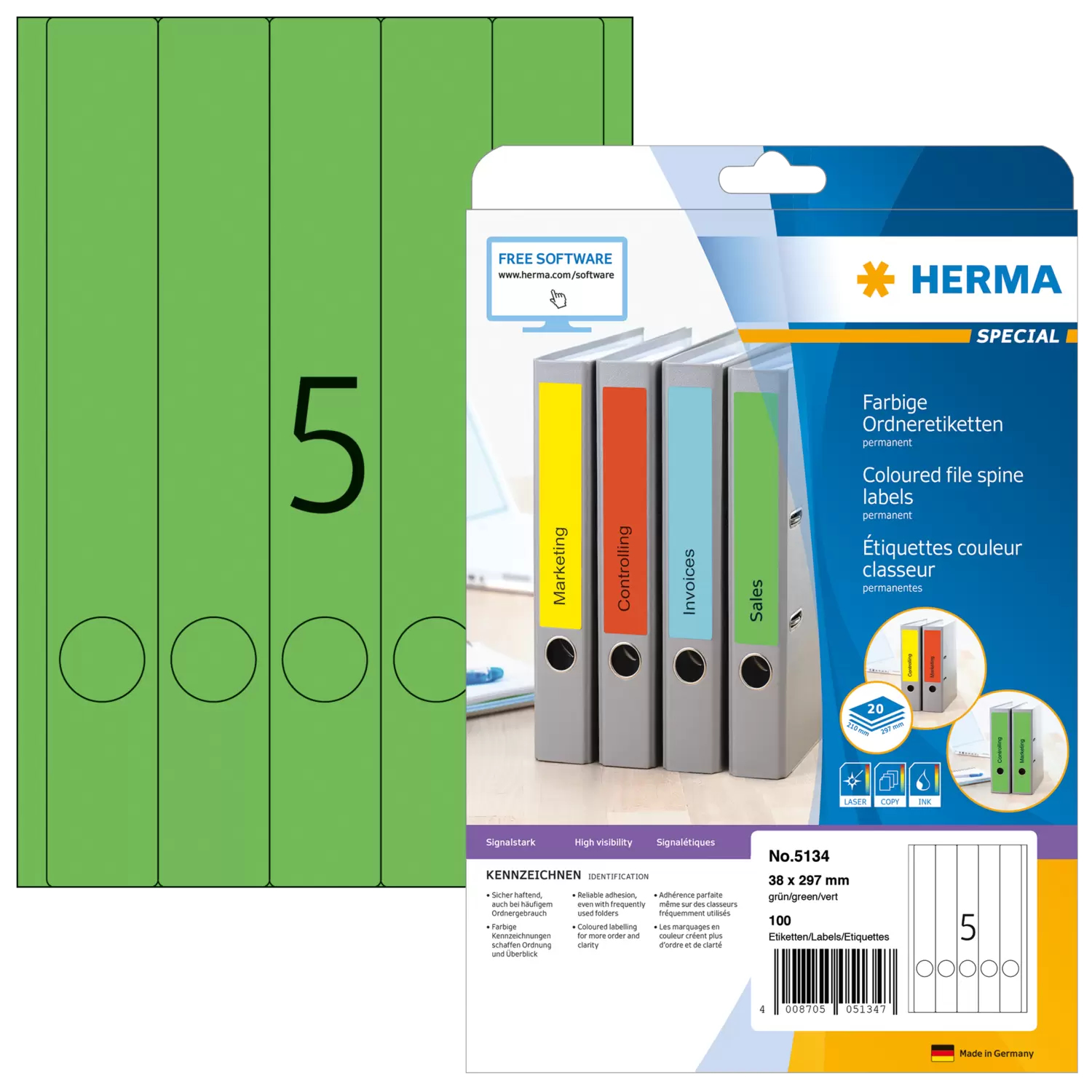 HERMA Ordneretiketten A4 grün 38x297 mm Papier opak 100 St.