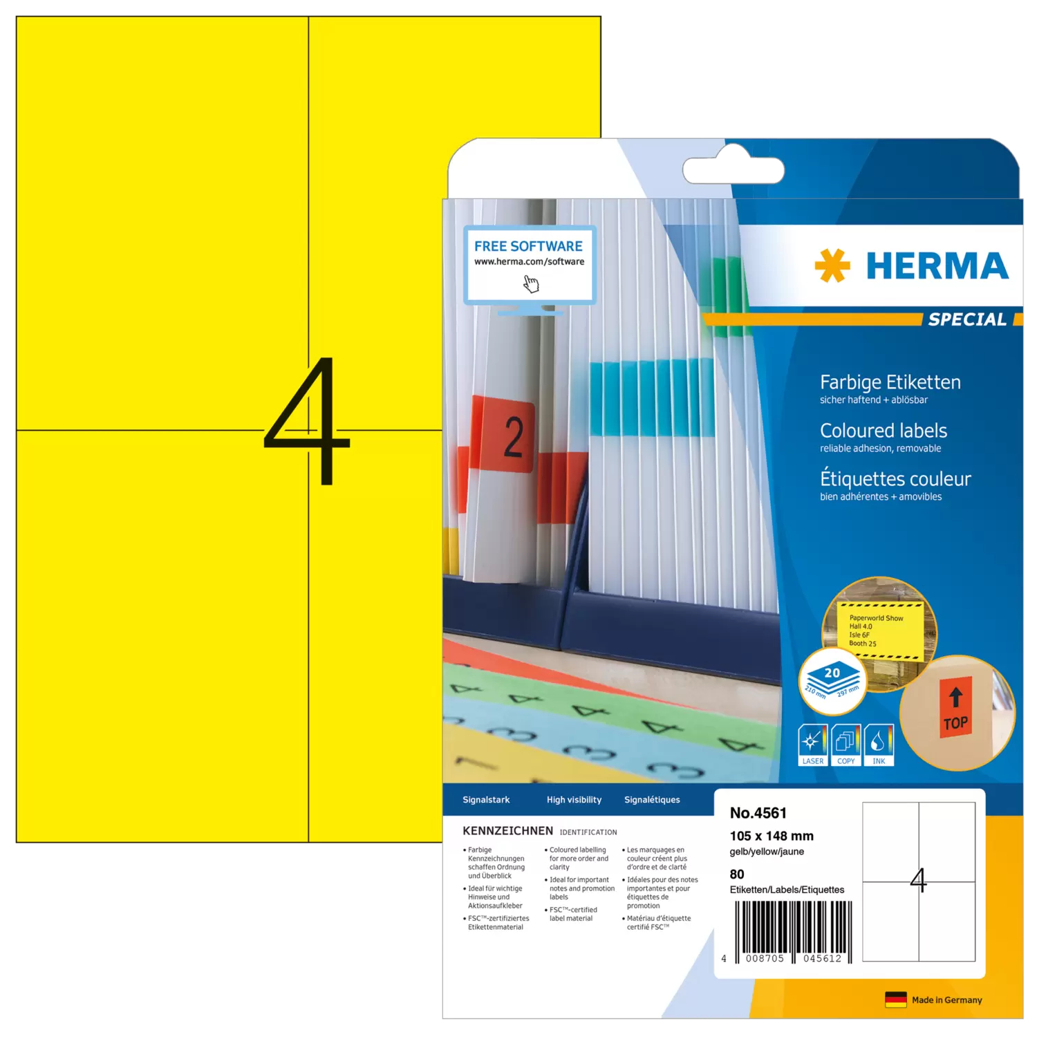 HERMA Etiketten A4 gelb 105x148mm Papier matt ablösbar 80St.