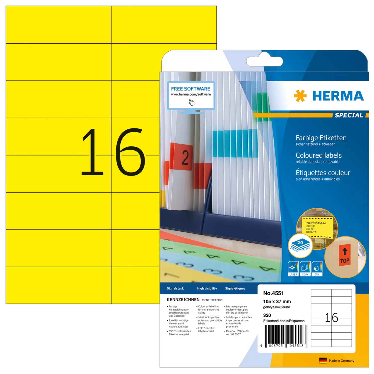 HERMA Etiketten A4 gelb 105x37mm Papier matt ablösbar 320St.