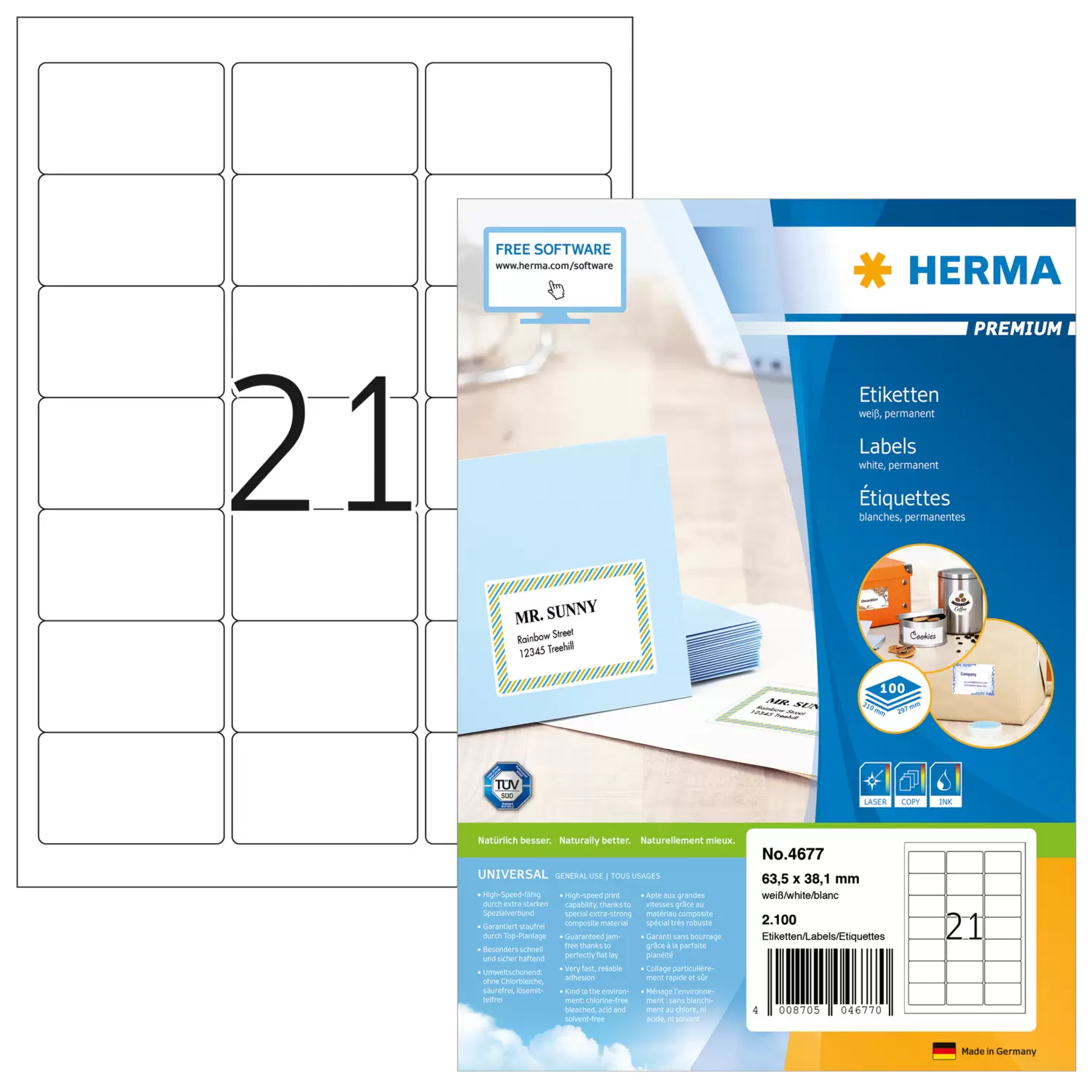 HERMA Adressetiketten A4 weiß 63,5x38,1  mm Papier 2100 St.