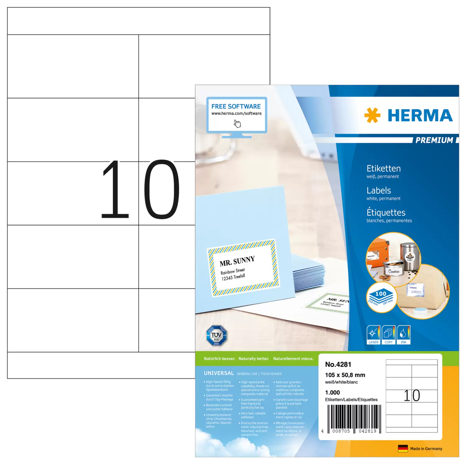 HERMA Etiketten Premium A4 weiß 105x50,8 mm Papier 1000 St.