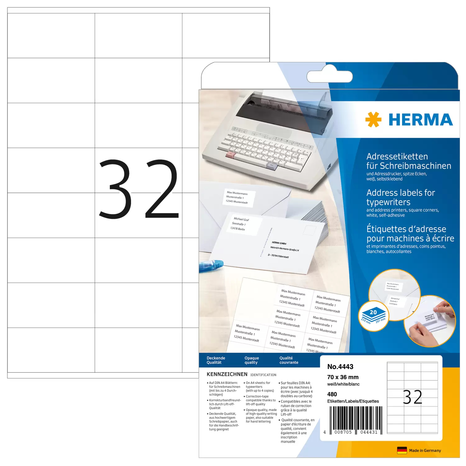 HERMA Adressetik. 70x36   mm Papier Ecken spitz 480 St.