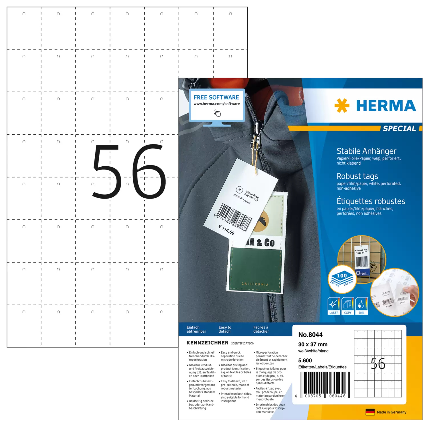 HERMA Anhäng. reißfest A4 30x37    mm weiß perfor. 5600 St.