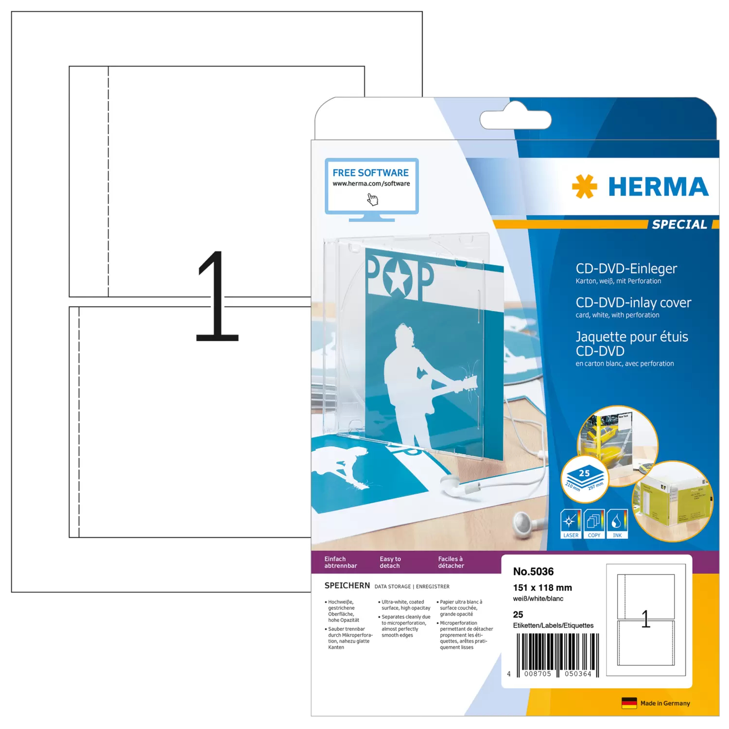 HERMA CD-Einleger  A4 weiß 151x118 mm nicht klebend 25 St.