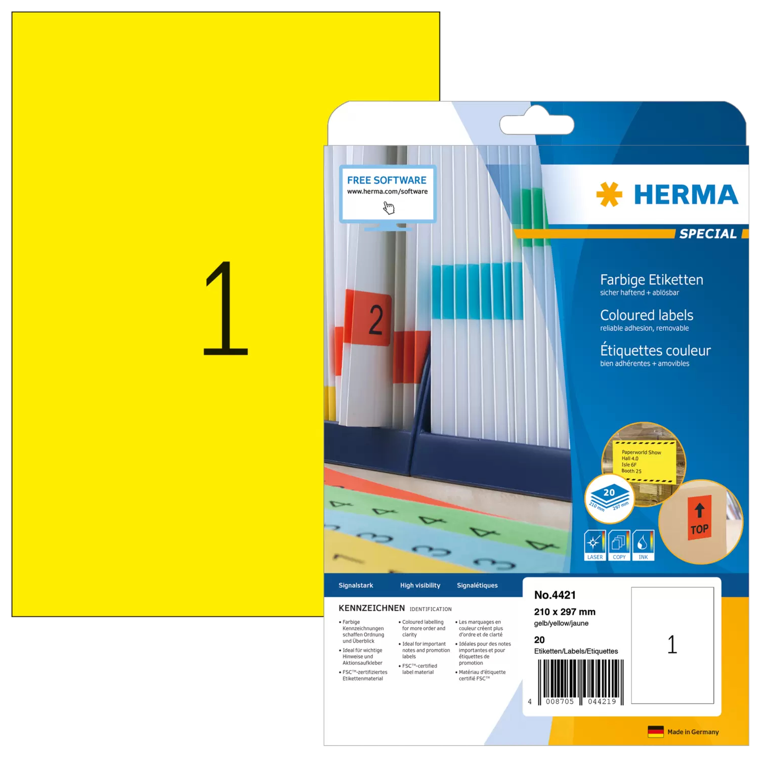 HERMA Etiketten A4 gelb 210x297 mm Papier matt 20 St.