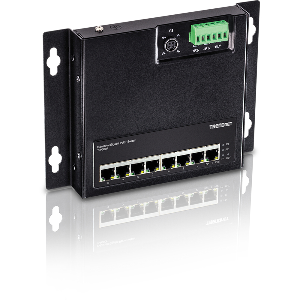 TRENDnet Industrial Switch 8-Port Gbit PoE+ WallM. FrontAcc TRENDnet Industrial Switch 8-Port Gbit PoE+ WallM. FrontAcc