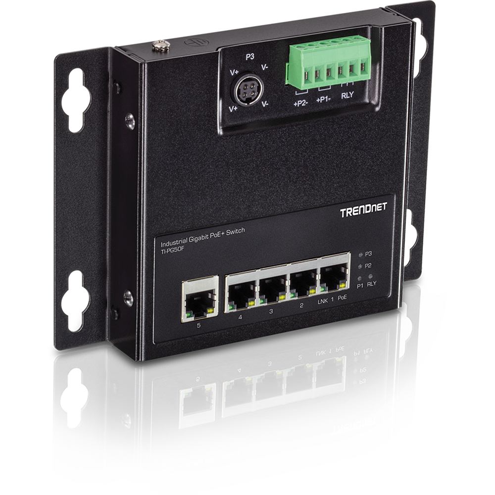 TRENDnet Industrial Switch 5-Port Gbit PoE+ WallM. FrontAcc