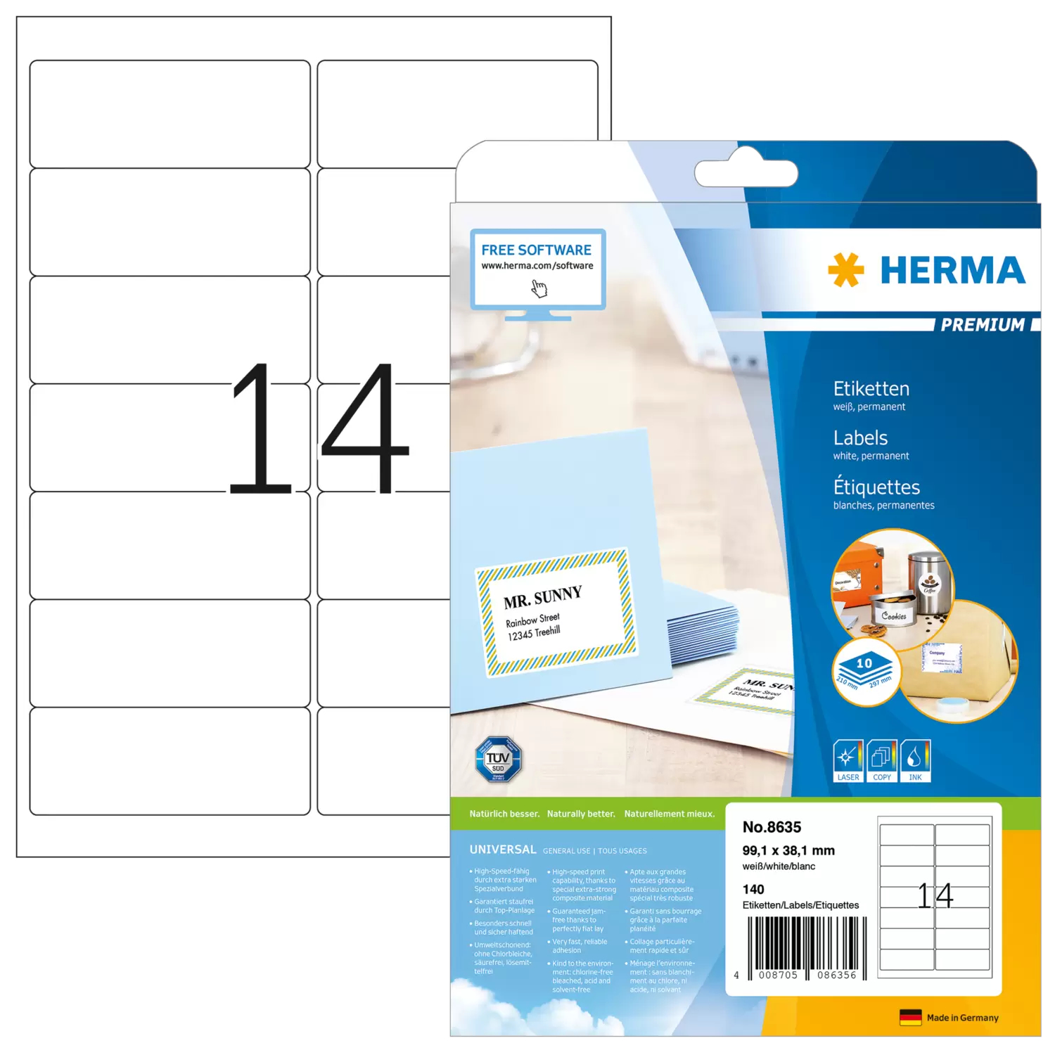 HERMA Adressetiketten A4 weiß 99,1x38,1 mm Papier 140 St.