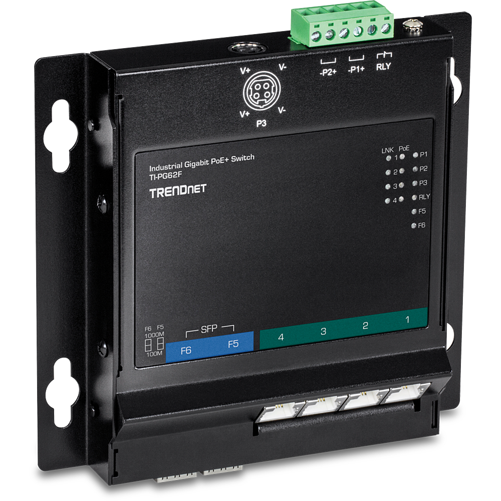 TRENDnet Industrial Switch 6-Port Gbit PoE+ WallM. FrontAcc