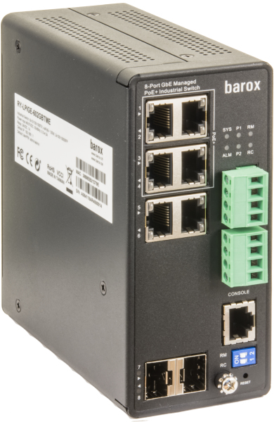 barox Switch 6-Port 6x10/&shy;100/&shy;1000TX RJ45 4xPoE+ 2x1000FX SFP