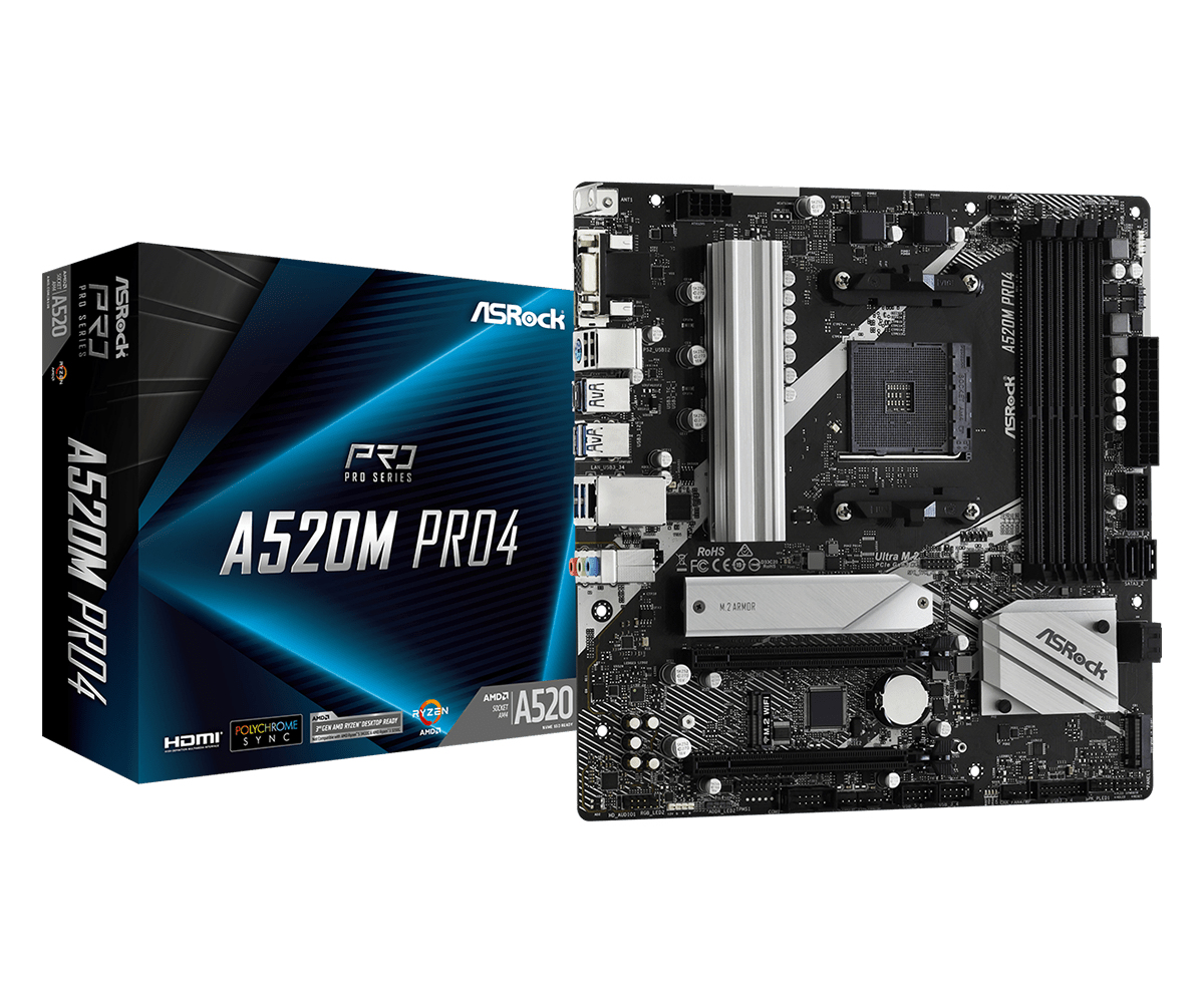 ASRock A520M Pro4                AM4 mATX HDMI/&shy;DP/&shy;VGA   DDR4