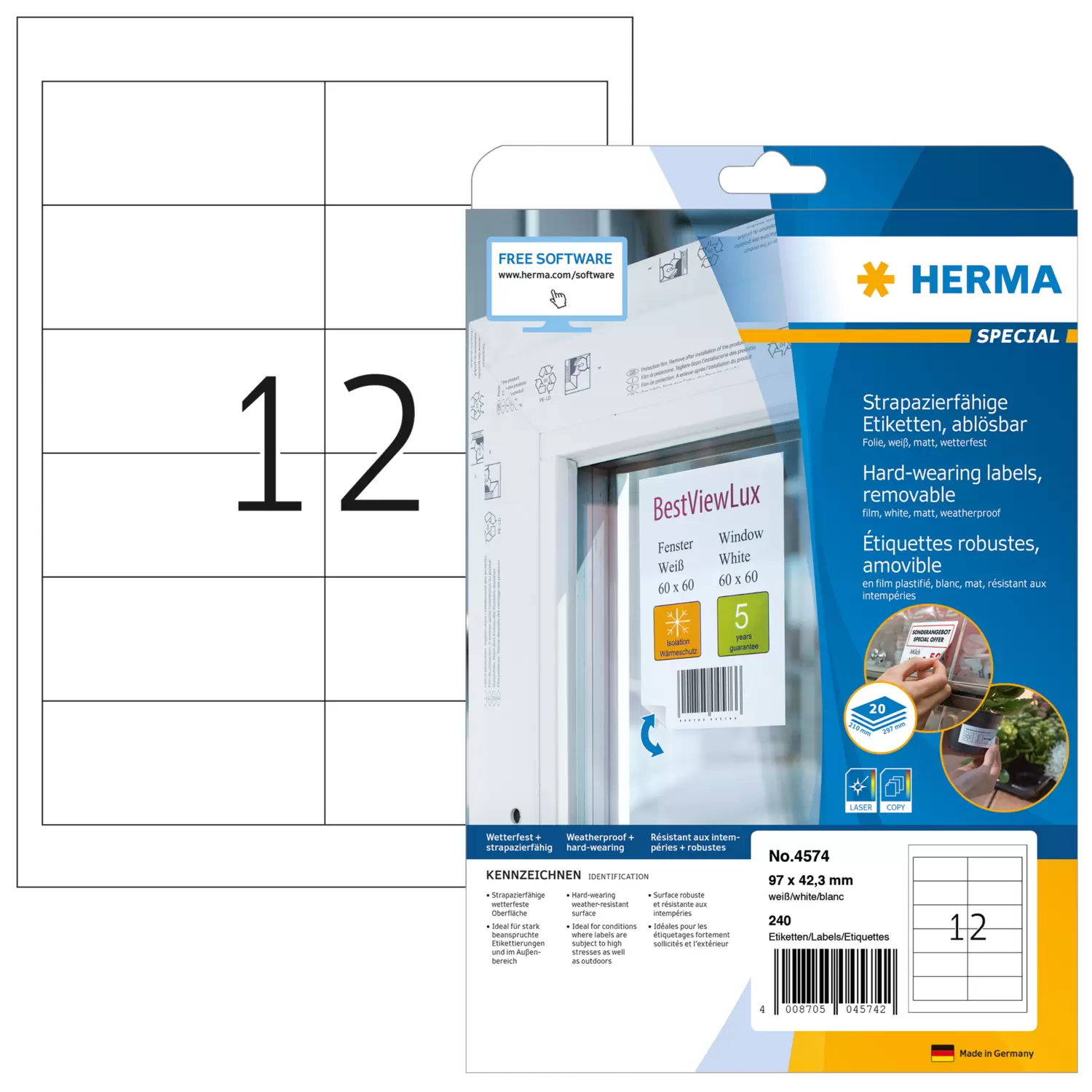 HERMA Folien-Etiketten A4 97x42.3mm weiß ablösbar 240St.