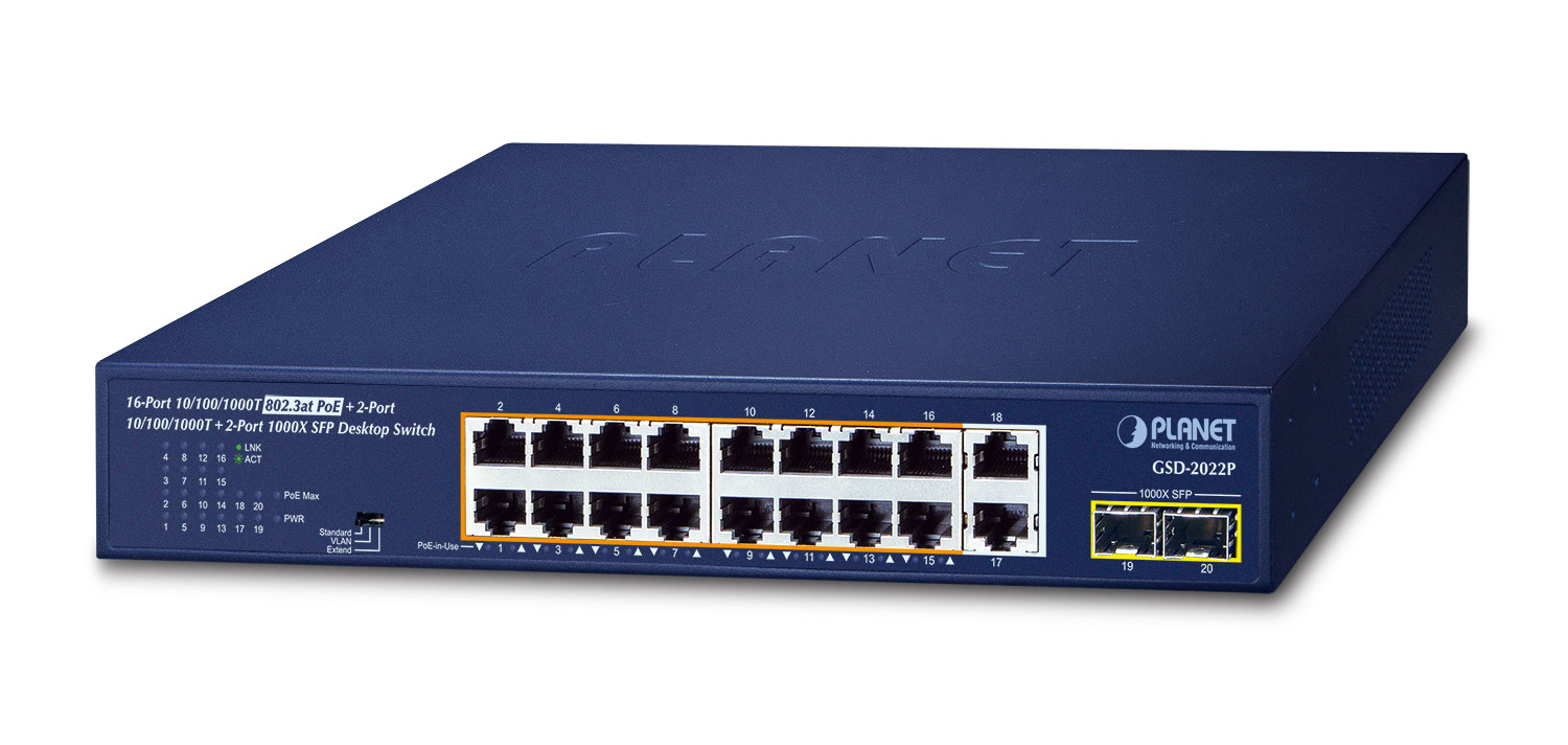 PLANET 16-Port GE 802.3at + 2-Port GE + 2-Port 1000X SFP