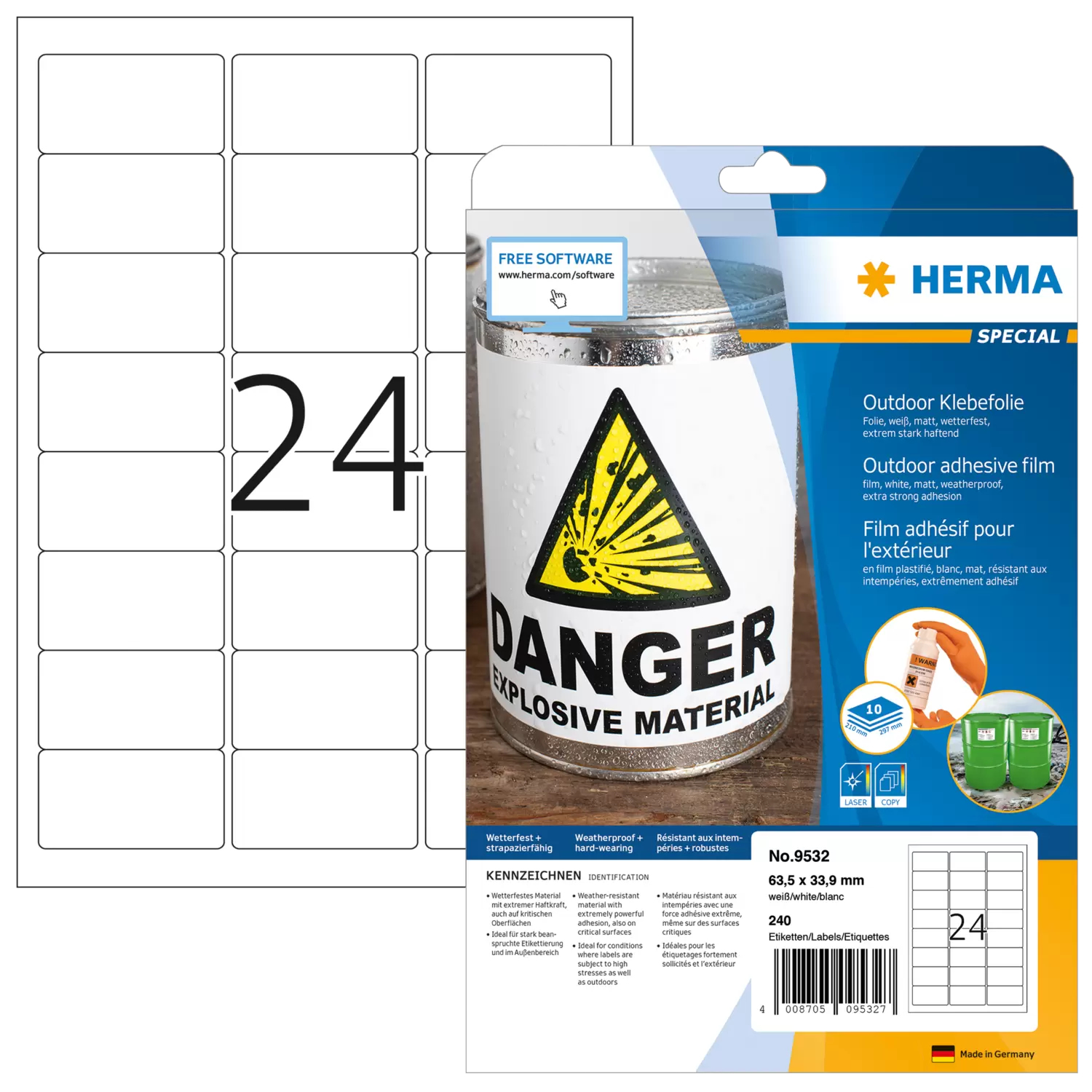 HERMA Etik. A4 Outdoor Klebefolie weiß 63,5x33,9 mm 240 St.