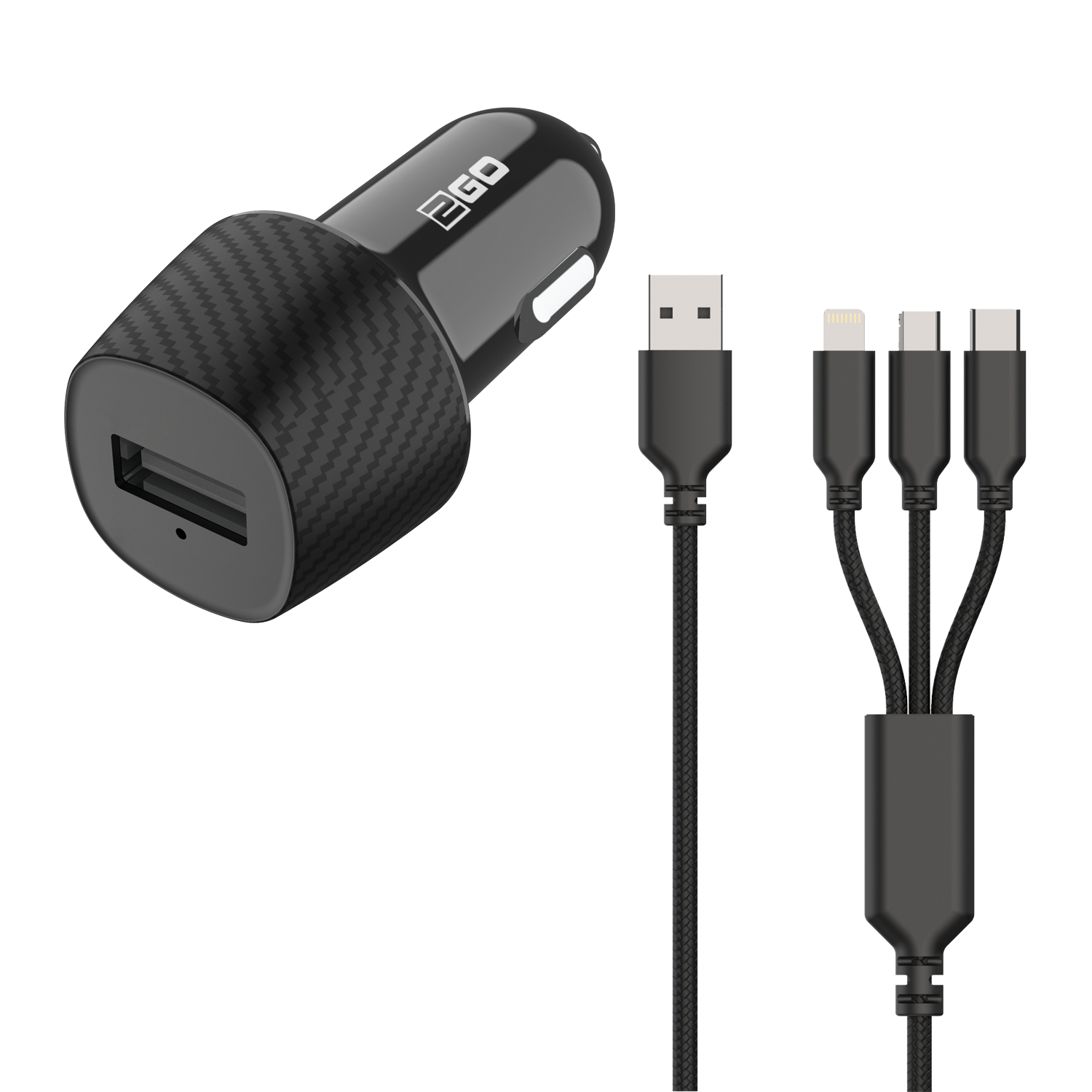 2GO KFZ-Ladegerät 3000mA 3in1 Micro-USB, Lightning, USB-C sw