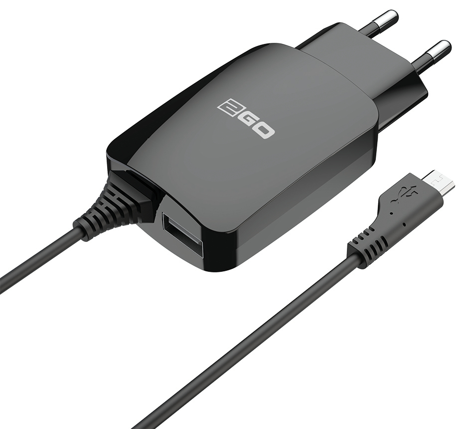 2GO Ladegerät 12W Micro-USB + 1x USB, Kabel 1,4m, schwarz