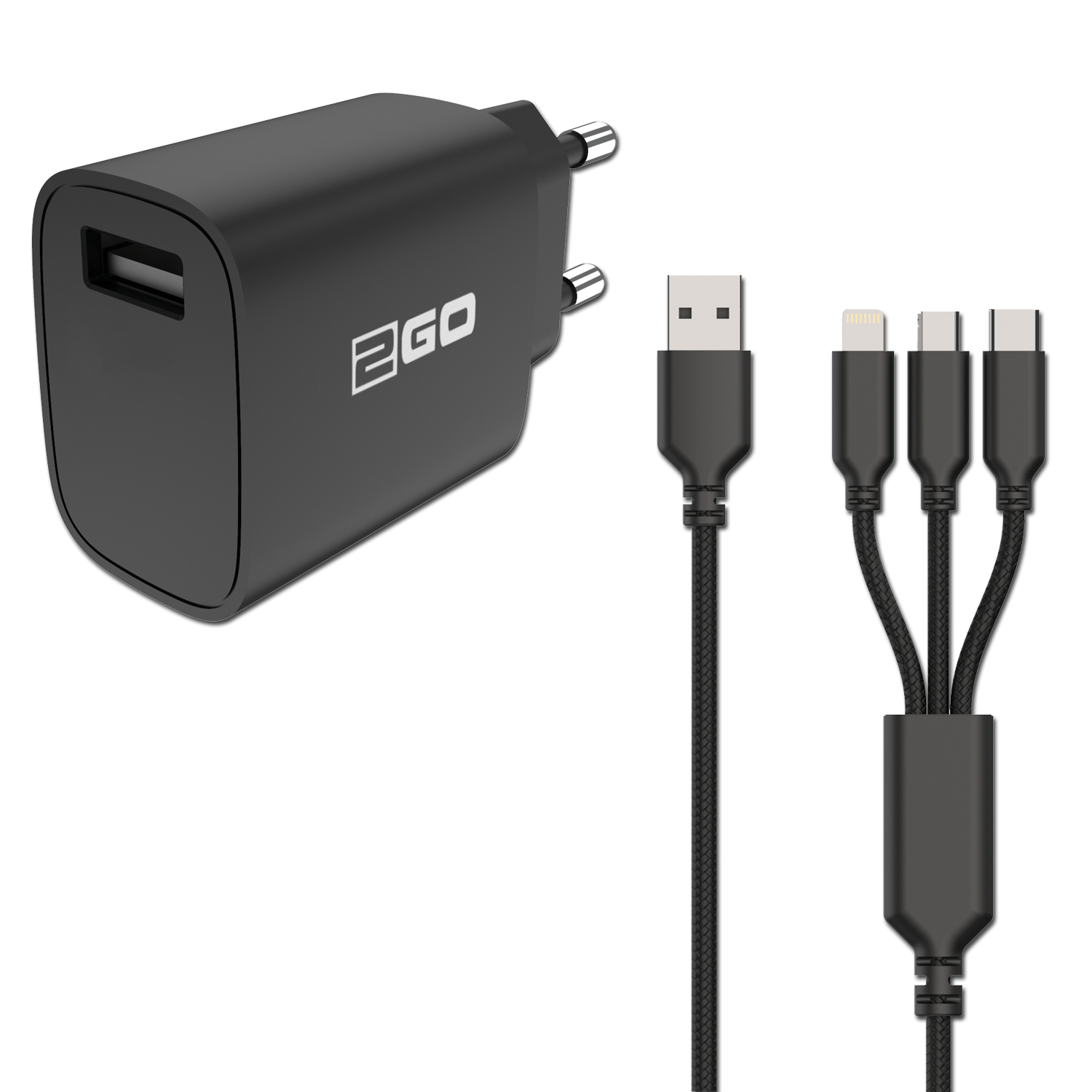 2GO Ladegerät 15W inkl. Kabel 1xUSB-A 1xMicroUSB 1xLightn sw