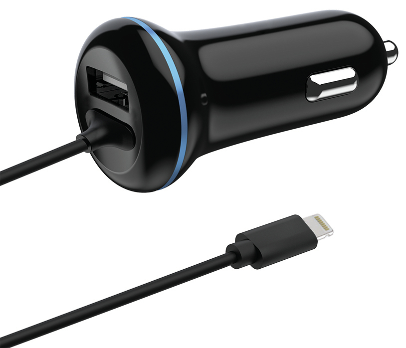 2GO USB-Kfz-Ladegerät 2400mA Lightning + 1x USB 1,4m schwarz