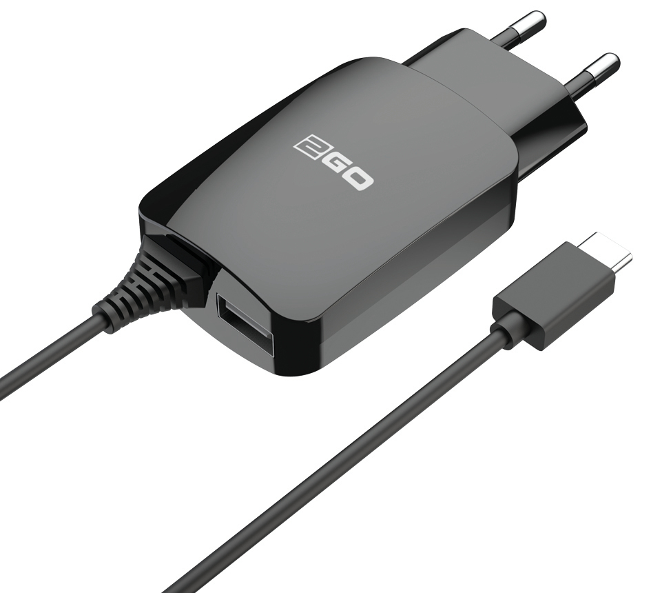 2GO Ladegerät 12W USB-C + 1-Port 1x USB-A Kabel 1,4m schwarz