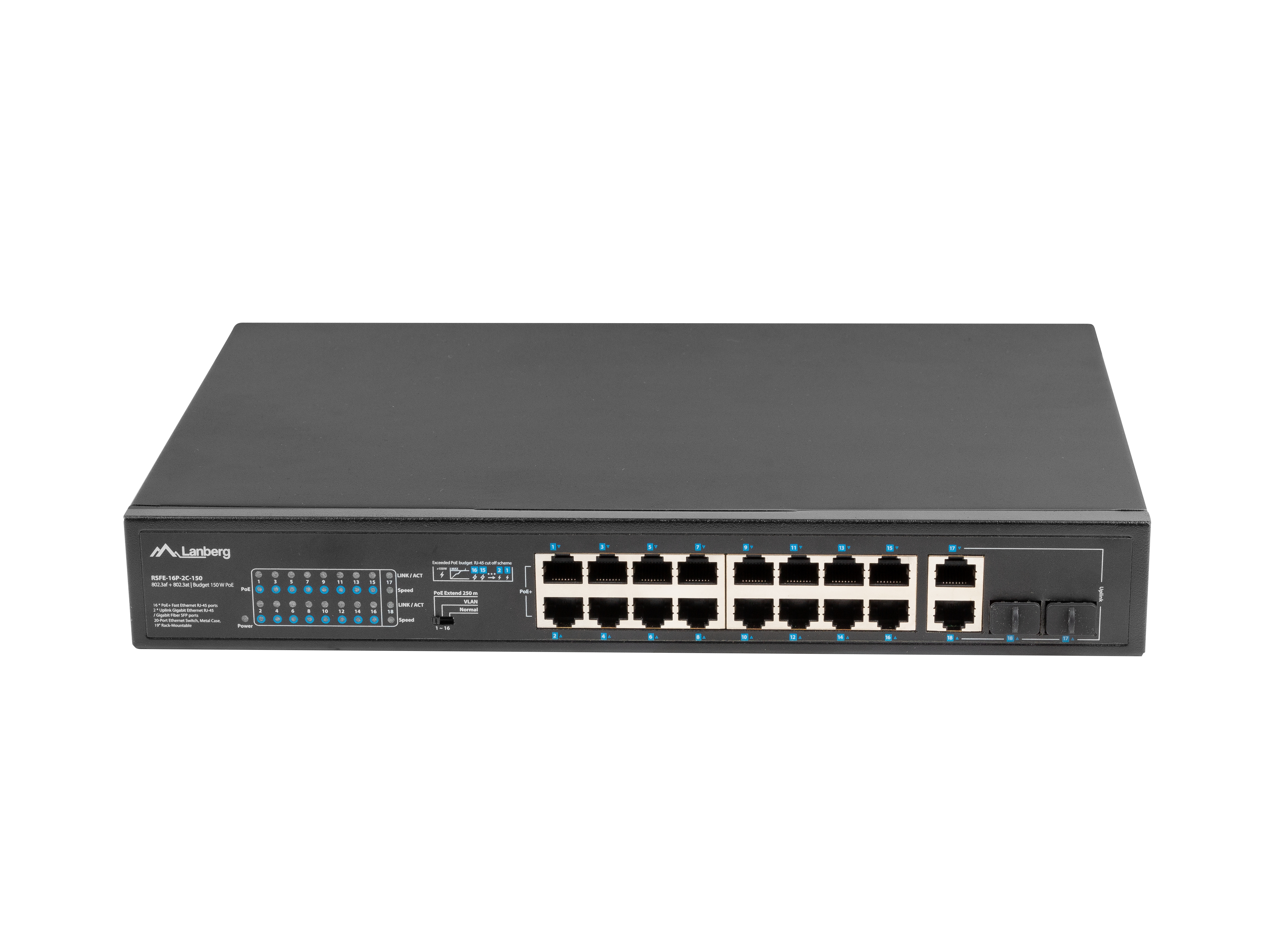 LANBERG Switch 16-Port PoE+/&shy;2x1Gb/&shy;1xSFP 10/&shy;19" unmanag. 150W