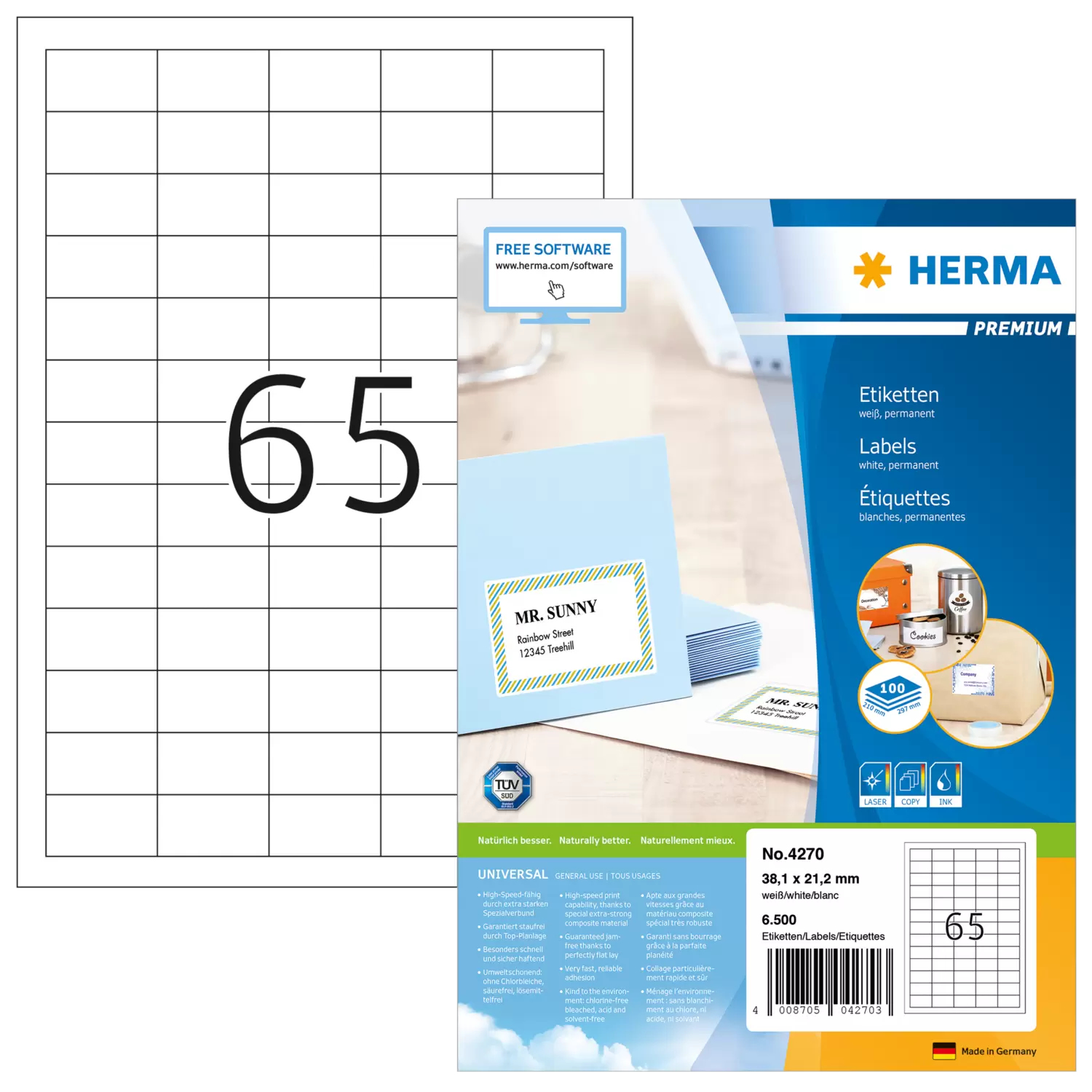 HERMA Etiketten A4 weiß 38,1x21,2 mm Papier 6500 St.