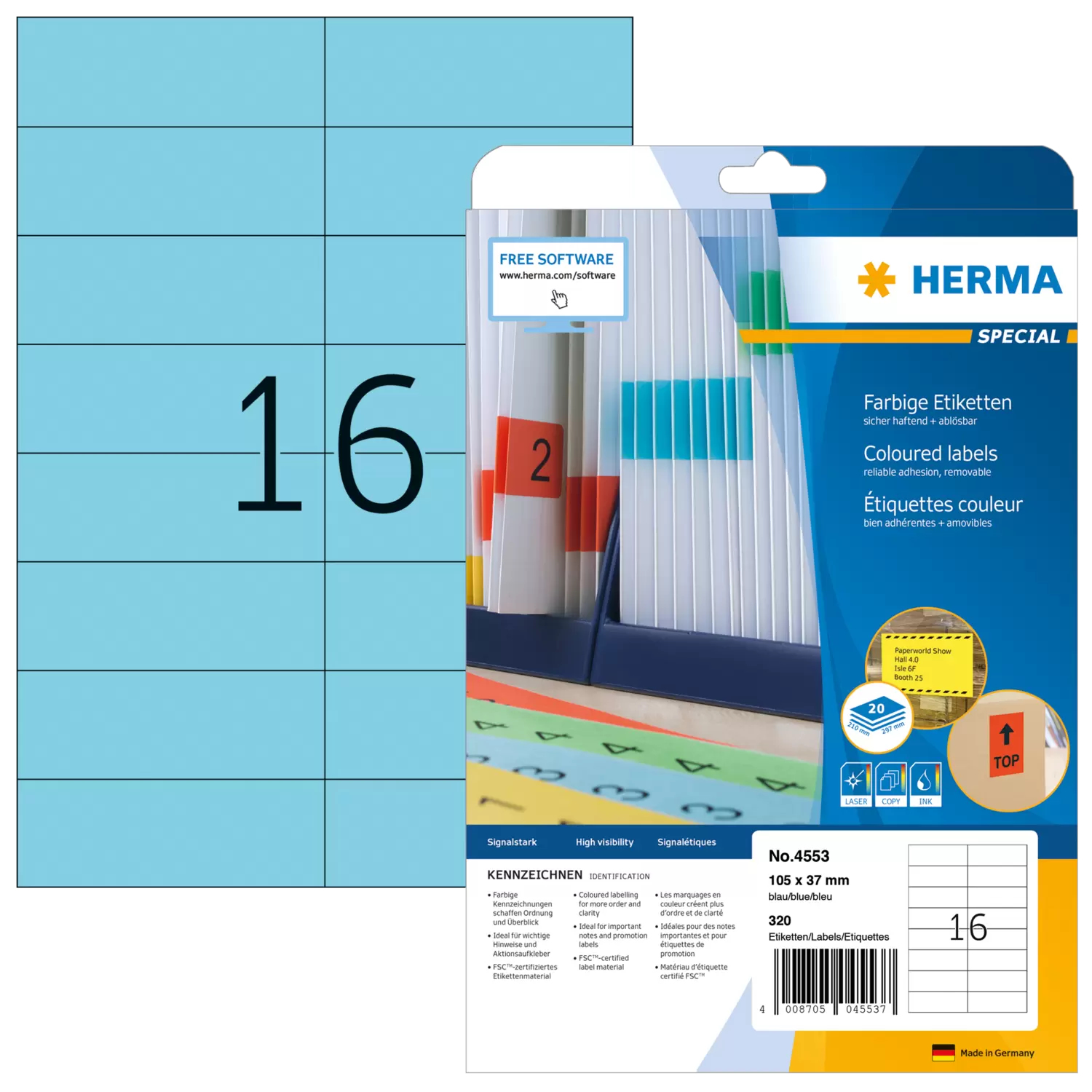 HERMA Etiketten A4 blau 105x37mm Papier matt ablösbar 320St.