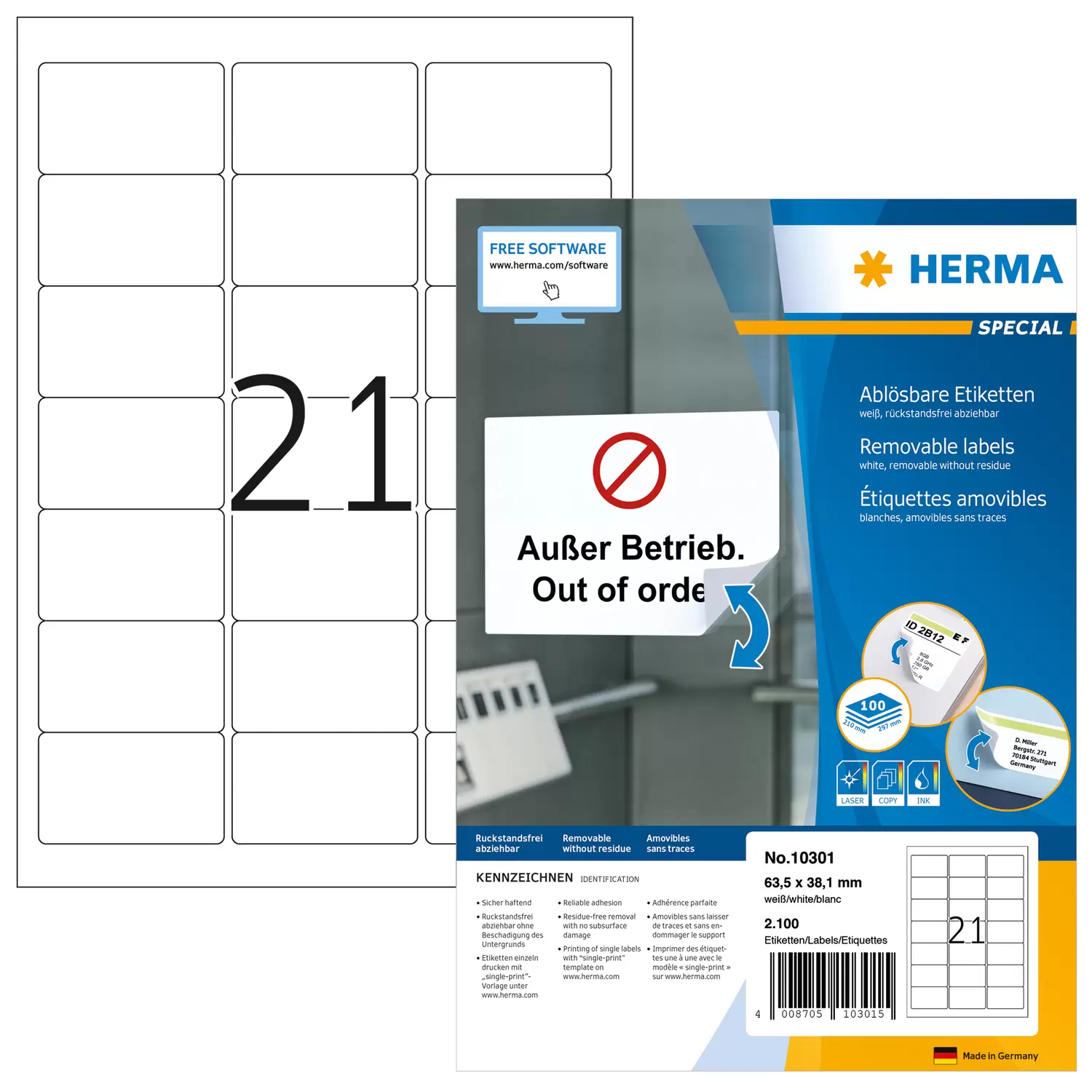 HERMA Adressetiketten A4 weiß 63,5x38,1 mm 2100 St.