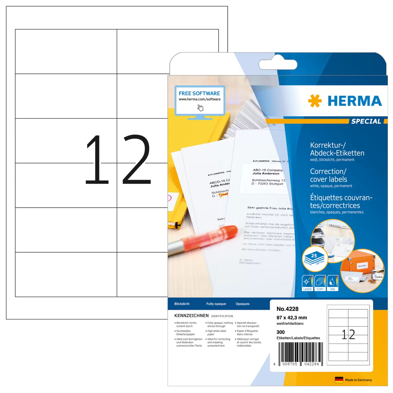 HERMA Abdecketik. A4 weiß 97x42,3   mm Papier opak  300 St.