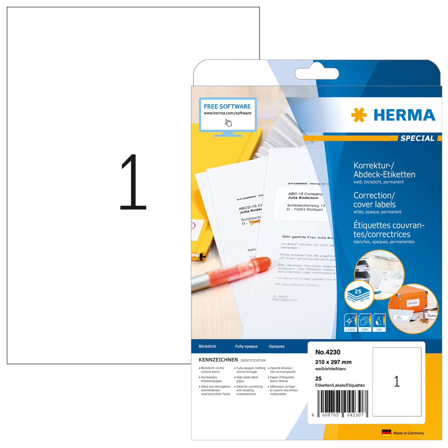 HERMA Abdecketik. A4 weiß 210x297   mm Papier opak   25 St.
