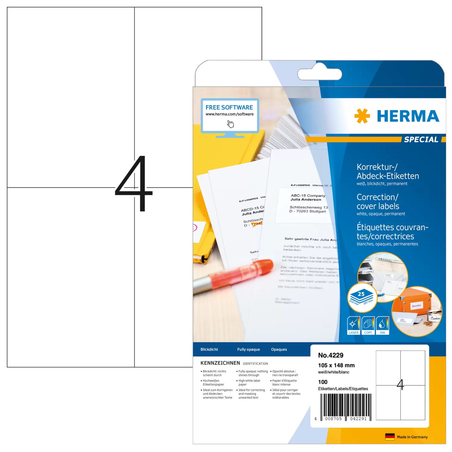 HERMA Abdecketik. A4 weiß 105x148   mm Papier opak  100 St.