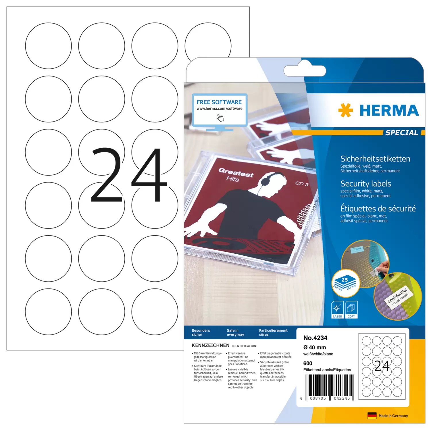 HERMA Sicherheitsetiketten weiß 40 mm rund Folie 600 St.