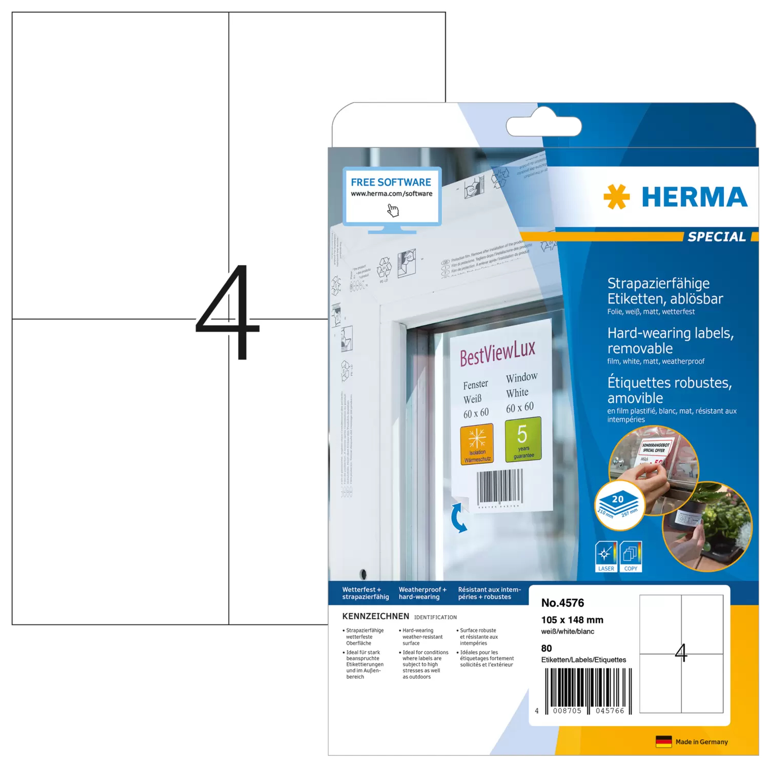 HERMA Folien-Etiketten A4 105x148mm weiß ablösbar 80St.