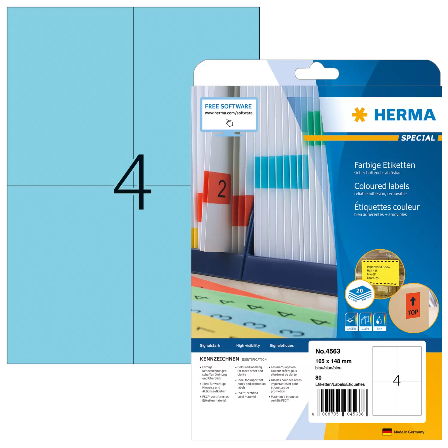HERMA Etiketten A4 blau 105x148mm Papier matt ablösbar 80St.