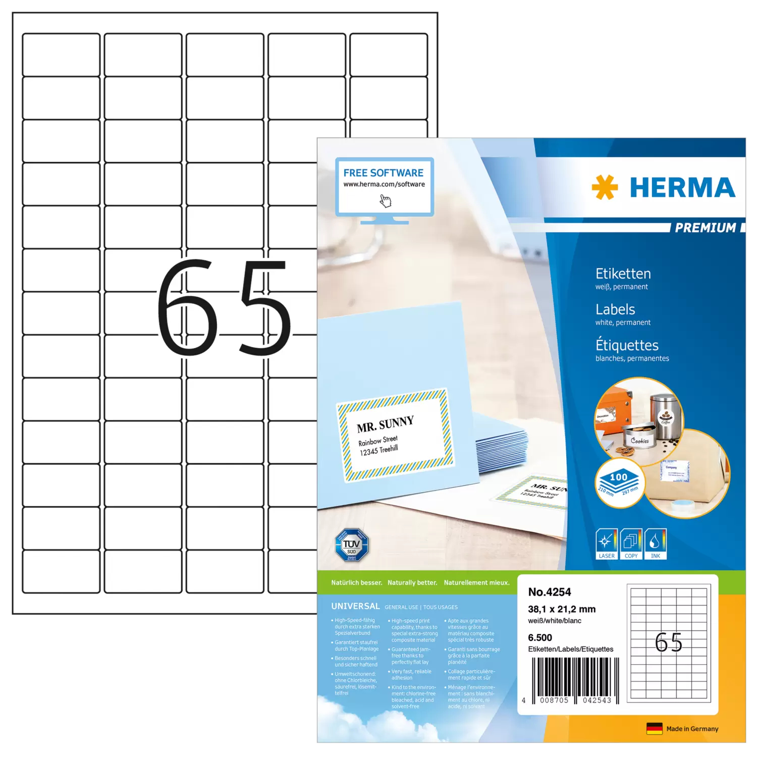 HERMA Adressetiketten A4 weiß 38,1x21,2 mm Papier 6500St.