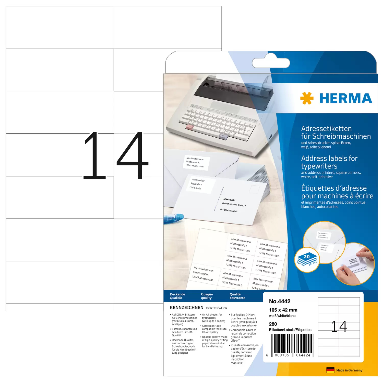 HERMA Adressetik. 105x42  mm Papier Ecken spitz 280 St.