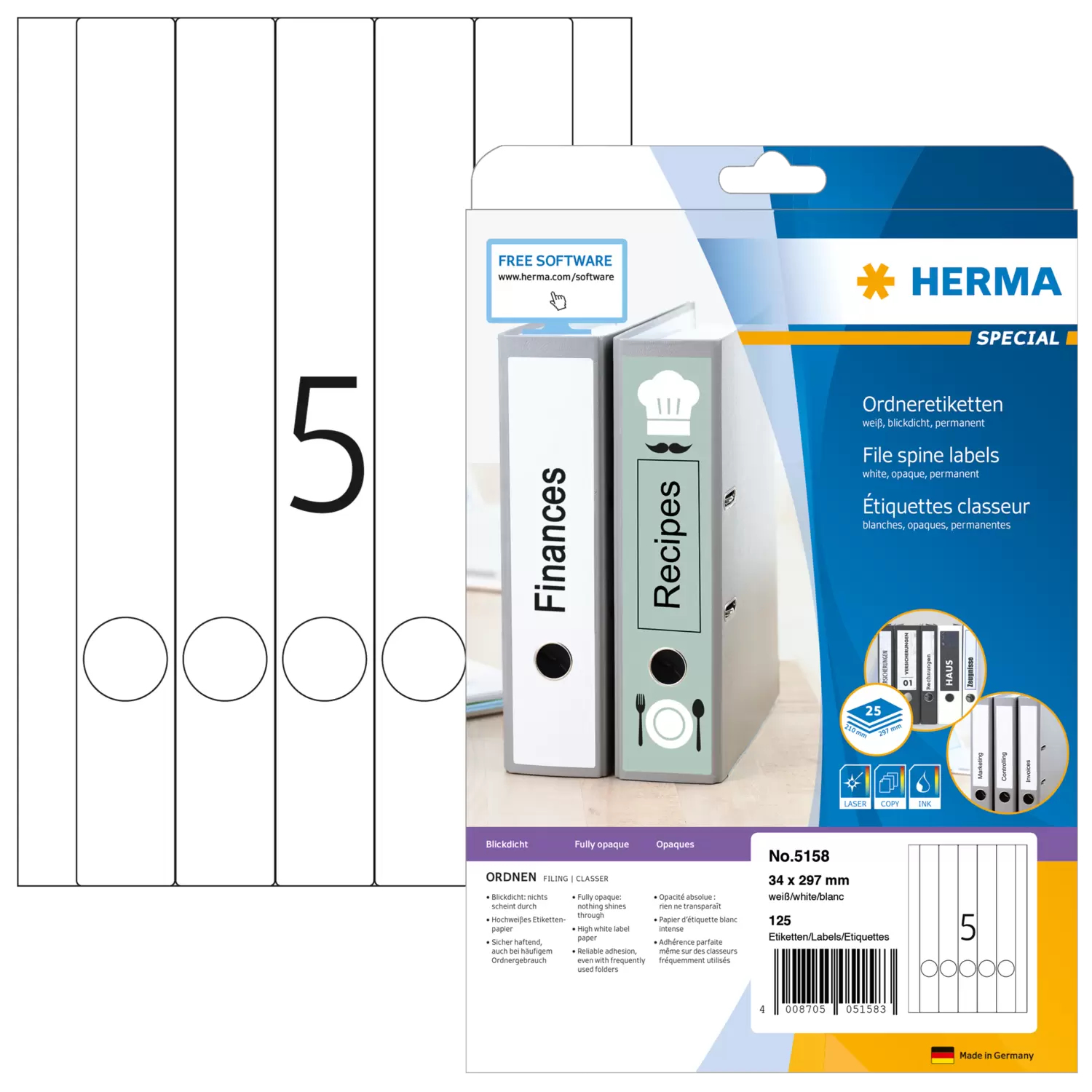 HERMA Ordneretiketten A4 weiß 34x297 mm Papier opak 125 St.