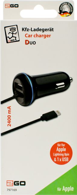 2GO USB-Kfz-Ladegerät 2400mA Lightning + 1x USB 1,4m schwarz